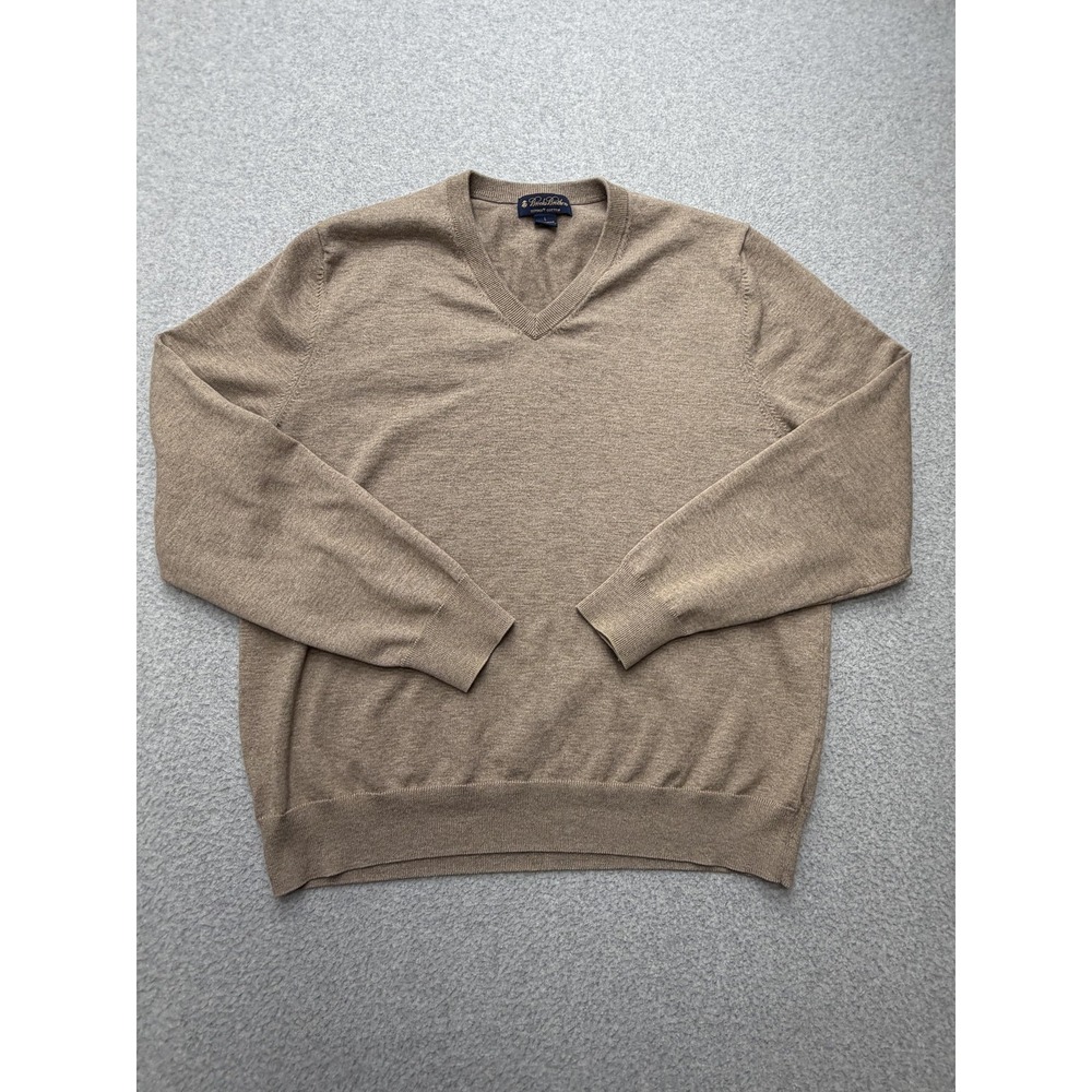 Brooks Brothers Sweater Mens‎ Large Beige Supima Cotton V Neck Knit Pullover